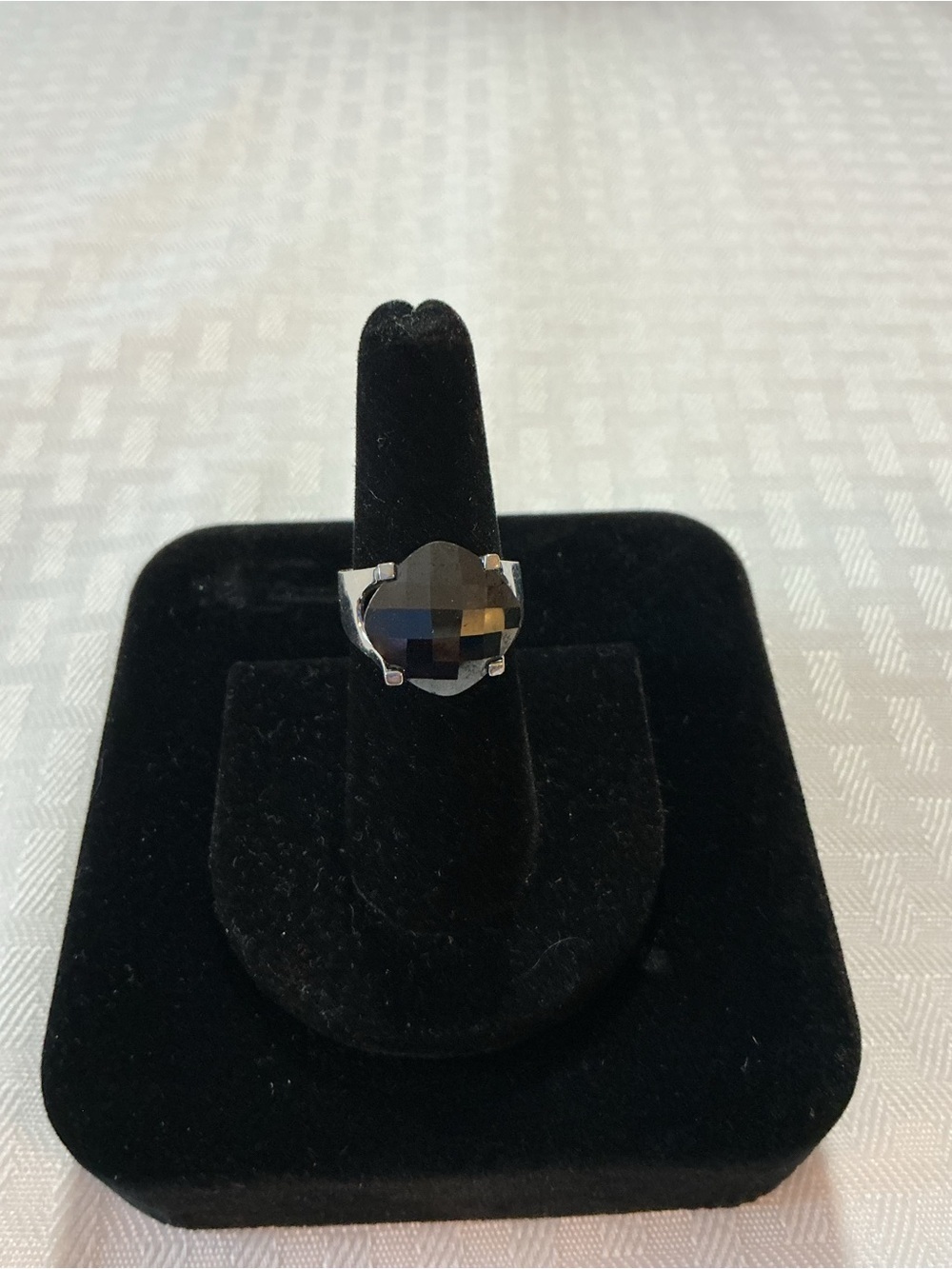 Black Agate Checkerboard Faceted Silver Tone Cocktail Ring